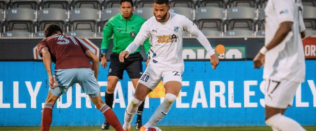 Bruno Rendon puts a move on a Colorado Rapids defender before delivering a cross that led to a Hailstorm goal.